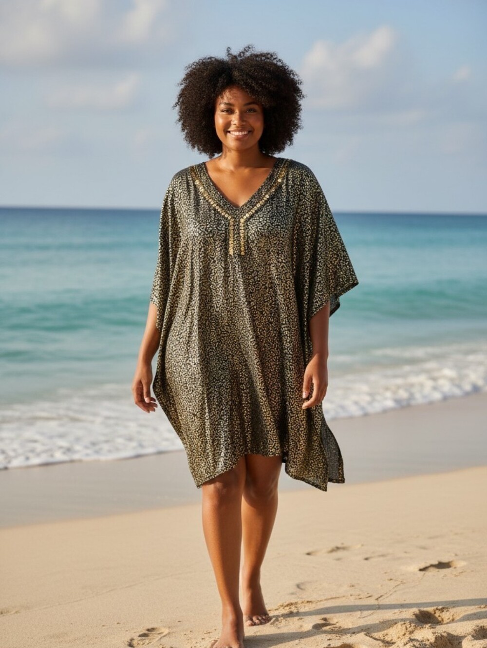 Swimsuits For All Black Gold V-Neck Swim Cover-Up Tunic Kaftan Sz 26/28 New